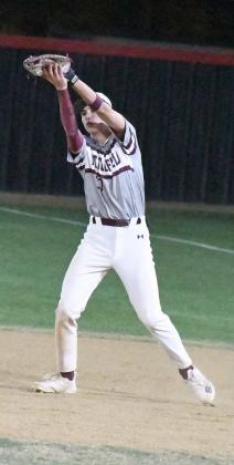Littlefield senior first baseman, Adam MacDonald, catches a pop fly in the infield for the final out in the bottom of the seventh inning, of the WIldcats, 16-5, victory over the Tigers in Slaton on Tuesday. (Staff Photo by Derek Lopez)