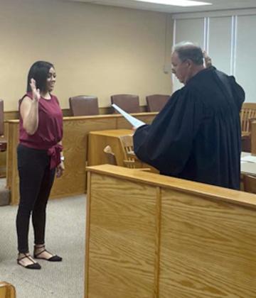 Rene Trevino is sworn in on August, 5, 2024, by Lamb County Judge James DeLoach, at the Lamb County Courthouse. (Submitted Photo)