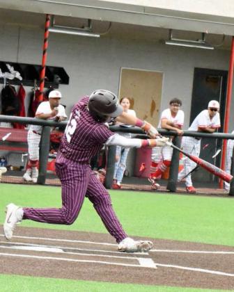 Littlefield’s Ian Mendez ropes a one-out double down the left-field line to spark a rally for the Wildcats in the top of the fourth inning of Game one of their Class 3AArea Play-off series with the Denver City Mustangs at Lubbock-Cooper on Thursday. (Staff Photo by Derek Lopez)
