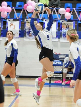 Olton’s Adrienne Struve sets a ball up in the air, as the Fillies look to go on the attack during the third set of their, 3-0, district victory over Post on senior day Saturday at Mustang Gym. (Staff Photo by Derek Lopez)