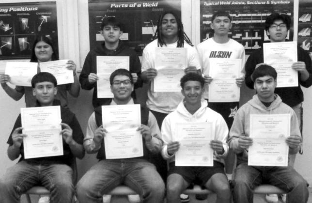 The Sr. Students at Olton High School that are enrolled in Ag. Equipment and Design Class have completed the requirements and have received the: NCCER Core Certification and the NCCER Construction Site Safety Orientation Certification. Pictured: ( front L-R): Carlos Sigala, Fabian Gutierrez, Sebastian Sparkman, Taide Florentino (back) Eve Saiz, Jovanni Soto, Keon Brown, Matis Flores, Demetrio Alvarado not pictured Rene Gomez. (Submitted Photo)