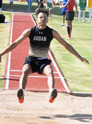 Sudan’s Jaibryn Ornelas, competes in the men’s Long Jump competition at the 2A Area Track Meet at Abernathy last Thursday. He qualified for Regionals, which will take place this weekend at West Texas A&amp;amp;M in Canyon. (Staff Photo by Derek Lopez)