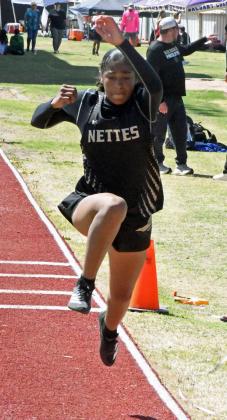 Sudan’s Andrea Williams, competes in the women’s Triple Jump competition at the 2AArea Track Meet at Abernathy last Thursday. (Staff Photo by Derek Lopez)