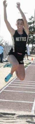 THIRD IN LONG JUMP-Sudan junior, Addison Boehning, leaps a distance of 14’4.25”, which was good for a third place finish in the girl’s varsity long jump competition on Thursday at the 2021 Son Qualls Relays Track Meet at Sudan High School. (Staff Photo by Derek Lopez)