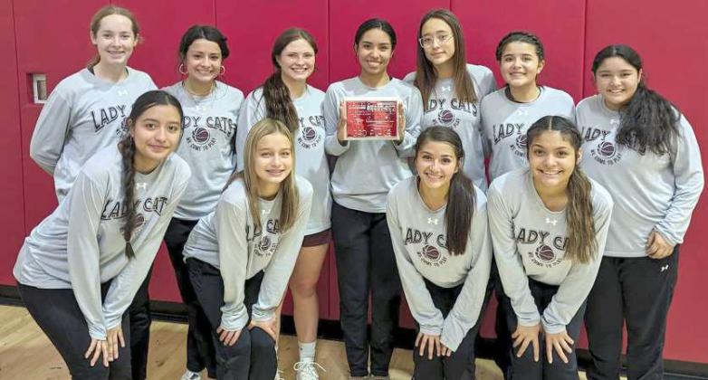 The Littlefield Lady Cats’ JV Basketball team competed at the Denver City Basketball Tournament last weekend, where they took third place, defeating Andrews, 40-23, on Saturday in the third-place game. The Lady cats finished tournament play 3-1 on the weekend. (Shown): Rhealee Golden, Jasmine Castillo, Haley Frausto, Nevaeh Esquibel, Myli Hernandez, Kayla Castillo, Jaelyn Tijerina, Cobi Saldana, Monica Elizondo, Brianna Martinez and Fernanda Larrea. (Submitted Photo)