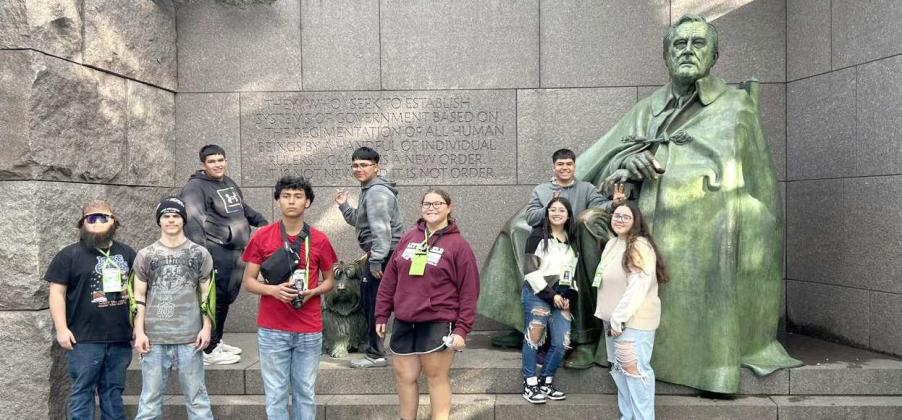 Some of the members of the Littlefield Marchin’ Cats band visit the Franklin D. Roosevelt Memorial in Washington, D.C. during their Spring Break trip. (Submitted Photo)