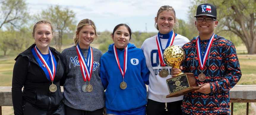 The Olton Fillies varsity golf team claimed the District Championship on Monday at Meadowbrook Canyon Golf Course in Lubbock, qualifying them for Regionals. Paytn Jimenez also qualified for Regionals on the boy’s side, placing third overall. Harlow Gorman placed second individually, while Payge Davina placed third. (Shown): Macie Reese, Harlow Gorman, Klaryssa Casares, Payge Davina and Paytn Jimenez. (Photo Courtesy of Dusty Gorman)
