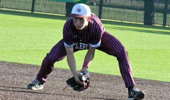 Littlefield second baseman, Dawson Adkins, fields up a ground ball and throws it to first for the second out of the game on Tuesday, during Littlefield’s, 18-0, thrashing of Friona. (Staff Photo by Derek Lopez)