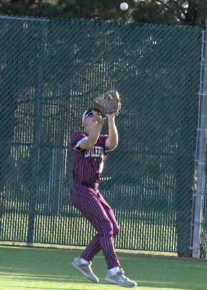 Littlefield center fielder, Bradyn Redman, tracks down a fly ball in right-center field for the first out of the game on Tuesday, during Littlefield’s, 18-0, thrashing of Friona. (Staff Photo by Derek Lopez)
