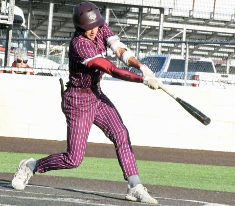 Littlefield’s Adam MacDonald, knocked a hit up the middle for a single to give the Wildcatsa base runner in the bottom of the first inning of their, 18-0, thrashing of Friona on Tuesday. (Staff Photo by Derek Lopez)