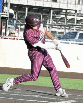 Littlefield Chip Green, hits a sac fly to left-center field to score Adam MacDonald from third during his first at-bat on Tuesday, during Littlefield’s, 180, thrashing of Friona. (Staff Photo by Derek Lopez)