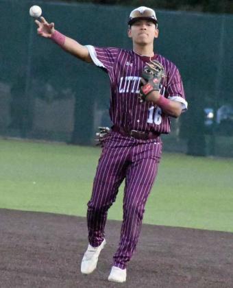 Littlefield second baseman, Blayton Soliz, fields up a ground ball for the first out of the fifth inning on Tuesday, during Littlefield’s, 18-0, thrashing of Friona. (Staff Photo by Derek Lopez)