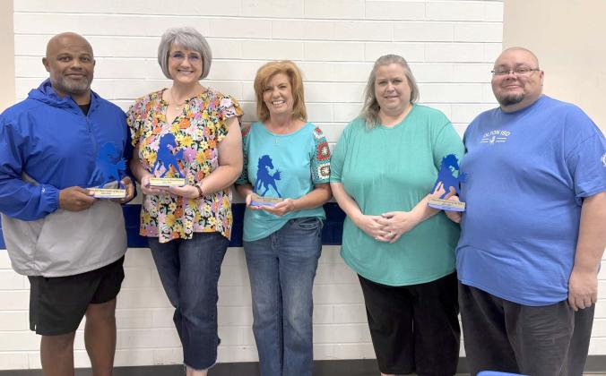 Olton ISD recognizes these employees during the End of Year Pinning Ceremony. Those honroed were, left to right: Keith Logan- Newcomer of the Year, DeAnn McGil- Servant's Heart; and Teresa Perez and Elias Perez- Supporters of the Year. One person in photo was not identified at press time, our apologies. (Submitted Photo)