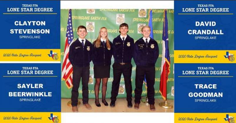 LONE STAR DEGREES—These four students who are members of the Springlake-Earth FFA Chapter, were awarded the Lone Star FFA Degree at the virtual 92nd annual Texas FFA State Convention in Austin this summer. They are, Clayton Stevenson, Sayler Beerwinkle, David Crandall and Trace Goodman. The Lone Star FFA Degree is he highest degree bestowed by the Texas FFA. (Submitted Photo)