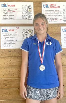 REGIONAL RUNNER-UP - Olton senior, Kylee Noack, placed second at the Regional Golf Tournament at Palo Duro Creek Golf Course in Canyon last Monday and Tuesday. Noack shot a 93 in the first round and shot an 86 on day two of the tournament for a total of 179, punching her ticket to the Sate Tournament. (Submitted Photo)