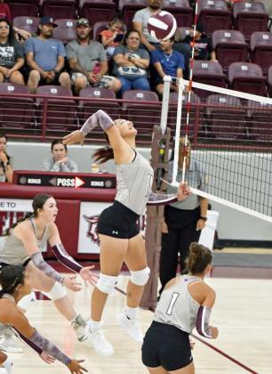 Littlefield’s Myli Hernandez goes up to deliver a kill, during the first set of the Lady Cats’, 3-0, victory over the Lubbock Titans to open the 2024 season at Wildcat Gymnasium on Tuesday. (Staff Photo by Derek Lopez)