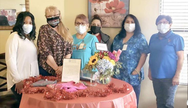 ARBOR GRACE WELLNESS CENTER celebrated Activity Director Week for Kathy Pollard Kathy has been the Activity Director for over 15 years. She was provided a brisket meal, cupcakes cookies and fruit. The residents and staffs would like to say congratulations to Kathy for doing an awesome job. Shown are Monica Orona, Kathy Pollard, Activity Director, Gloria Ayala, Jennifer Trevino, Diane Gonzales, and Josephine Cervantez. (Arbor Grace Photo)