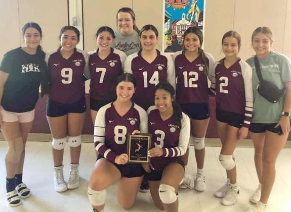 TULIA TOURNAMENT JV RUNNER-UPS - The Littlefield Lady Cats’ JV1 volleyball team finished the Tulia Tournament this past weekend as the runner-ups. (Shown L-R): Kami Silveira, Tailyn Gomez, Yazmin Longoria, Coach Mallie McGehee, Gabby Medina, Monica Elizondo, Cobi Saldana, Manager Hannah Lopez, Addesyn Garcia and Brittani Wright. (Not Shown): Lyric Rios and Iris Hernandez. (Photo by Angela Medina)
