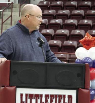 LHS Principal Brent Green greets Veterans and guests during the Veterans Memorial at the Littlefield Wildcat Gym on Tuesday, Nov. 11. (Photo by Ann Reagan)