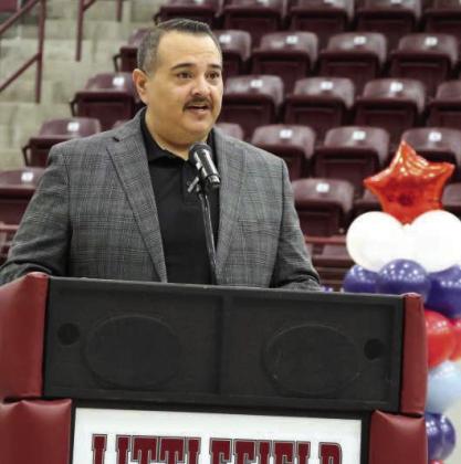 Benjamin Diaz who served in the Marines from 2000-2004 was the featured speaker during the Veterans Day event at Littlefield High School on Tuesday Nov. 11, 2025. (Photo by Ann Reagan)