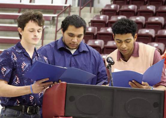 Darius Perez, Jordan Randle and Caleb Shea of LHS Wildcat Theatre perform a theatrical presentation honoring veterans on Tuesday, Nov. 11, 2025 at the Littlefield Wildcat Gym in Littlefield, Texas. (Photo by Ann Reagan)