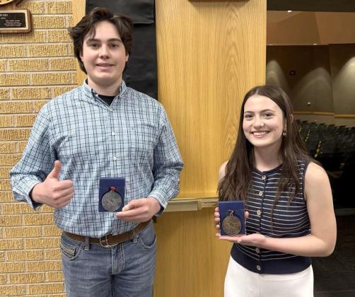 OLTON'S ONE-ACT PLAY competitors Brennon Meredith, left, received Honorable Mention All-Star Cast and Natia Mosiashvili, right, received the All-Star Cast award on March 26, 2025. (Submitted Photo)