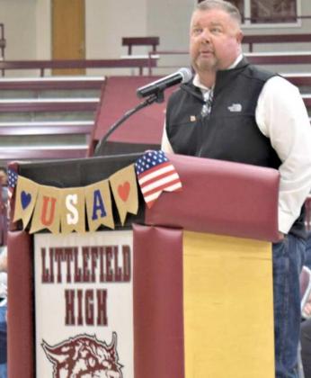 COACH JIMMY THOMAS was the keynote speaker for the Veterans' Day Program held at the Littlefield High School Gym. (Photo by Ann Reagan)