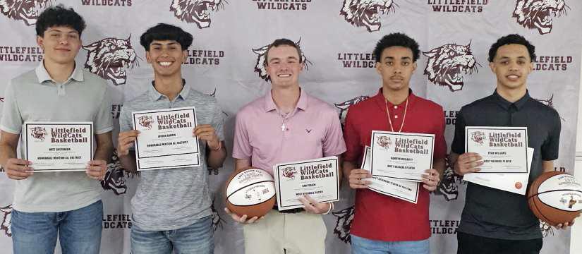 BOY’S BASKETBALL AWARDS:Nate Castaneda, Honorable Mention All-District; Jayden Barrio, Fighting Heart Award, Honorable Mention All-District; Chip Green, Co-Team MVP, All-District; Kam McCarty, Co-Team MVP, District Offensive Player of the Year; and Ryan Williams, Co-Team MVP, All-District.