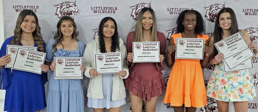 GIRL’S BASKETBALL AWARDS:Cali Saldana, Fighting Heart Award, All-District; Bri Martinez, Academic All-State; Madison Williams, Honorable Mention All-District; Nevaeh Esquibel, Honorable Mention All-District; Amoni Jefferson, District Newcomer of the Year; and Ari Castillo,Team MVP, All-District, All-Region. (Not Pictured): Marysa Saenz, Academic All-State.