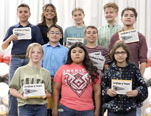 SEVENTH GRADE OUTSTANDING STUDENTS: Back row: Mylah Sanders, Zayleigh Gonzales, and Lily Chavez. Middle row: Ian Mata, Kaden Winters, and Hayden Lopez. Back row: Jaden Winters, Aubrie Torres, Carlee Perry, and Branson Bellar. (Submitted Photo)