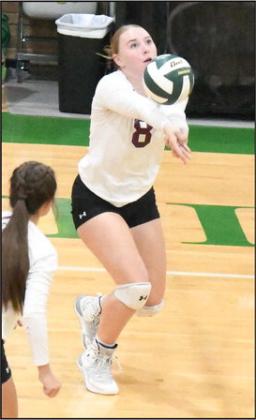 GETTING TO THE BALL Littlefield’s Taryn Golden, gets under a ball, as the Lady Cats look to go on the attack, during their district road match at Idalou on Tuesday. The Lady Cats dropped a tough match, 2-3. (Staff Photo by Derek Lopez)