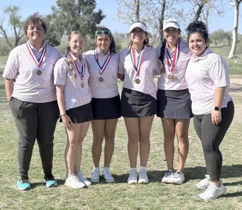The Springlake-Earth Lady Wolverines’ varsity golf team competed at the District 4-A Golf Tournament on Monday where they got third place overall as a team. Individually, Hannah Alvarez was the District Champion and Ennah Mosqueda placed fourth overall; both qualify for Regionals. (L-R): Shawni Harrison, Braylee Herriage, Jocelyn Salas, Ennah Mosqueda, Hannah Alvarez and Tori Trevizo, who played as an individual. (Submitted Photo)