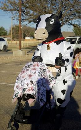 A cow pushes a baby stroller at the Lamb Healthcare Center’s Trunk or Treat on Oct. 31. (Staff Photo by Rhode Duenas)