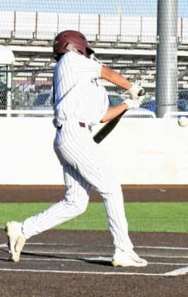 Littlefield’s Gabriel Villanueva, leads off the bottom of the second inning for the Wildcats with a double to left field, during the Wildcats’, 11-1, victory over the Muleshoe Mules on Tuesday at Wildcat Field. (Staff Photo by Derek Lopez)
