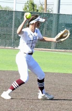 Littlefield sophomore shortstop, Bryndle Ray, fields a ground ball that was hit up the middle and fires it to first for an out during the Lady Cats, 5-4, victory over the Muleshoe Lady Mules on Tuesday at Lady Cat Field in Littlefield. (Staff Photo by Derek Lopez)