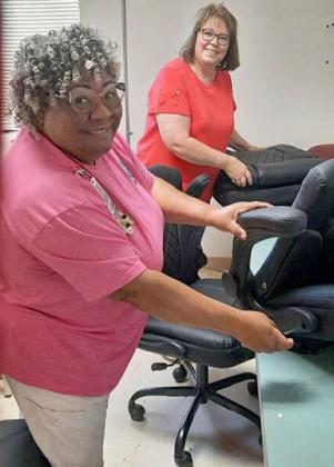 Barbara Colbert and Lori Durham with the LHC Auxiliary assemble the new chairs that the Auxilary purchase for the Nurses Station and Labor and Delivery at Lamb Healthcare Center. Proceeds for the new chairs came from Fundraisers and the Auxiliary Gift Shop. (Submitted Photo)