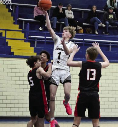 Sudan’s Aspen Reyher gets into the paint for a lay-up, during the second-half of the Hornet’s comeback victory over Shallowater’s JV on Thursday, during the first round of the Way Out West Tournament in Whiteface. (Staff Photo by Derek Lopez)