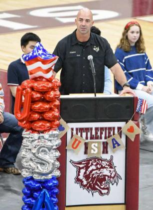Littlefield alum, Gary Ozbirn, who is a member of the United State Army from 2006 to present, was the guest speaker for the LHS Veteran’s Day Program on Thursday at Wildcat Gym. (Staff Photo by Derek Lopez)