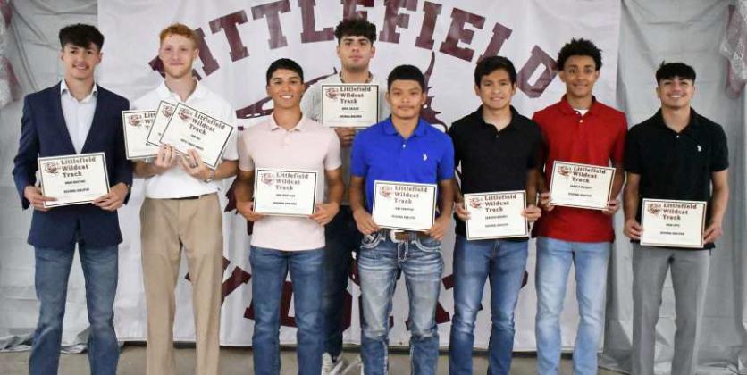 2023-2024 VARSITY BOYS TRACK AWARDS - Omar Martinez, Regional Qualifier; Sam Hill, THSCA Academic All-State 1st Team, Regional Qualifier, Boy’s Track Award; Gabe Montalvo, Regional Qualifier; Angel Salazar, Regional Qualifier; Zane Champion, Regional Qualifier; Brandon Marines, Regional Qualifier; Kam McCarty, Regional Qualifier; Noah Lopez, Regional Qualifier. (Staff Photo by Derek Lopez)