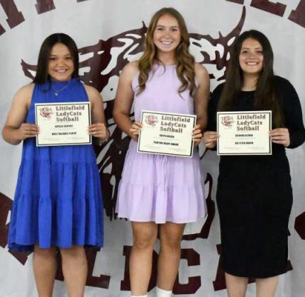 2023-2024 VARSITY SOFTBALLAWARDS - Natalia Sanchez, MVP; Taryn Golden, Fighting Heart Award; Brianna Aleman, Big Stick Award. District awards were unable to be presented due to Lamesa still competing in the play-offs. (Staff Photo by Derek Lopez)