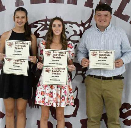 2023-2024 VARSITY TENNIS AWARDS - Julie Bownds, Outstanding Girl’s Tennis Award, Regional Qualifier; Chloe Sawyer, Outstanding Girl’s Tennis Award, Regional Qualifier; Jayce Longoria, Outstanding Boy’s Tennis Award. (Staff Photo by Derek Lopez)