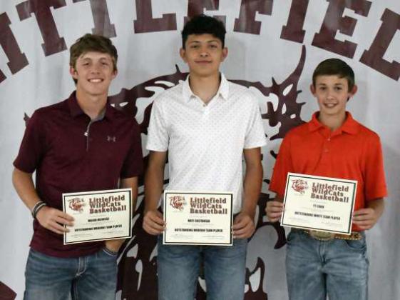 2023-2024 JV BOY’S BASKETBALL AWARD - Major McNeese, Co-Outstanding JV Maroon Team Player; Nate Castaneda, Co-Outstanding JV Maroon Team Player; Ty Carr Outstanding JV White Team Player. (Staff Photo by Derek Lopez)