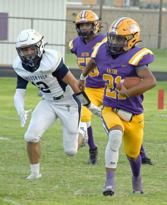 Dominic Gaitan had five carries for 17 yards in a 48-0 Anton Bulldog homecoming loss to the Kingdom Prep Academy Warriors last Friday. The Bulldogs are now 1-2 and looked to get back on the winning track in Whiteface on Friday. (Photo by Jay Kelley)