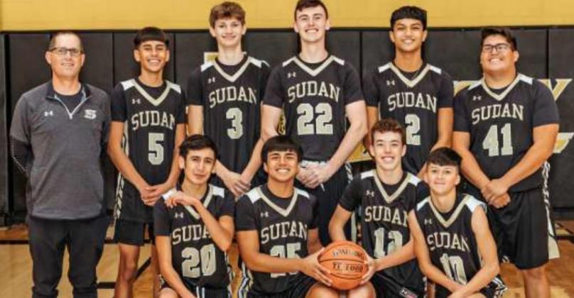 2021-22 SUDAN HORNETS VARSITY BASKETBALL TEAM – The Sudan Hornets are coached by Steven Gray, who is into his second year at the helm of the Sudan boy’s basketball program. He is assisted by Aaron Ledbetter, who is in his third year at Sudan and Judd Cathey, who is in his first year at Sudan. (Back L-R): Coach Gray, Michael Limon, Kaleb Robinson, Jordie Bellar, Anthony Rodriguez and Abram Rodriguez. (Front L-R): Tony Limon, Sal Juarez, Trent Wilson and Tony Vargas. (Submitted Photo)