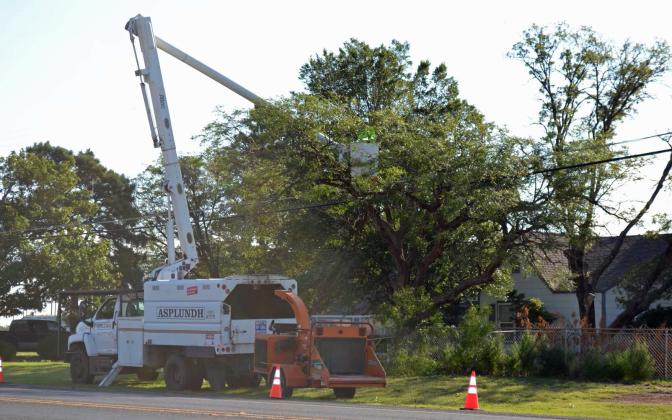 Asplundh who is contracted through Xcel Energy was clearing trees from powerlines around Littlefield. (Staff Photo by Grata Reber)
