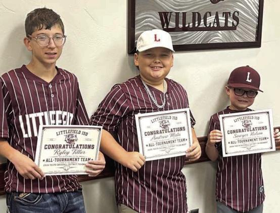 The Littlefield Independent School District’s Board of Trustees recognized three players named to the 2026 Youth Baseball District All-Tournament Team: Ryley Tiller, Andrew Mata and Sawyer Nelson, on June 15, 2026. (Photo by Madison Vidales)