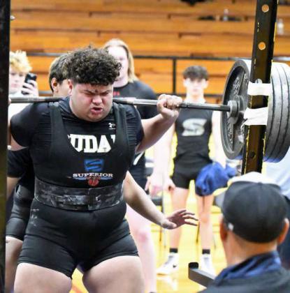 Sudan’s Jon Conley finished squat on Thursday, squatting 620 lbs, at their Powerlifting Meet in Sudan against New Home and Ropes. (Staff Photo by Derek Lopez)