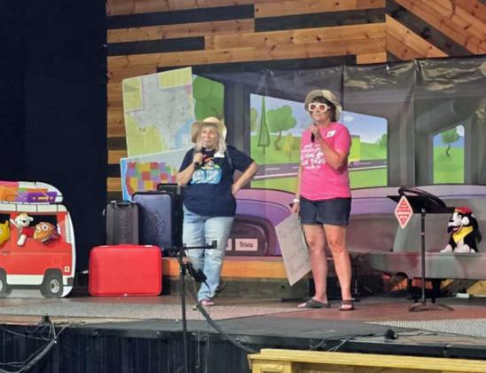 Julie Moore and Sheryl Sanders kick-off the first night of Vacation Bible School at the Littlefield Methodist Church on Monday. Kids participated in various activies, while learning about Jesus. (Submitted Photo)