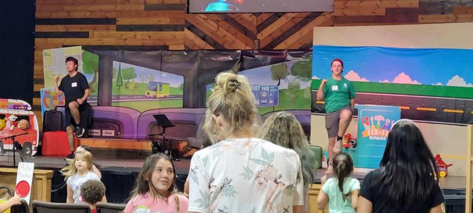 Max Martinez and Jayton Parchman lead the Church Clap to wrap up the first night of Vacation Bible School on Monday at the Littlefield Methodist Church. (Submitted Photo)