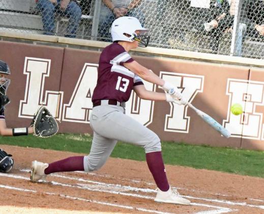 Littlefield’s Maggie McNeese got the Lady Cat offense going in the top of the second inning on Monday with a solo homerun to center field, as the Lady Cats took down the Lady Eagles, 14-6, in their first district meeting of the season. (Staff Photo by Derek Lopez)